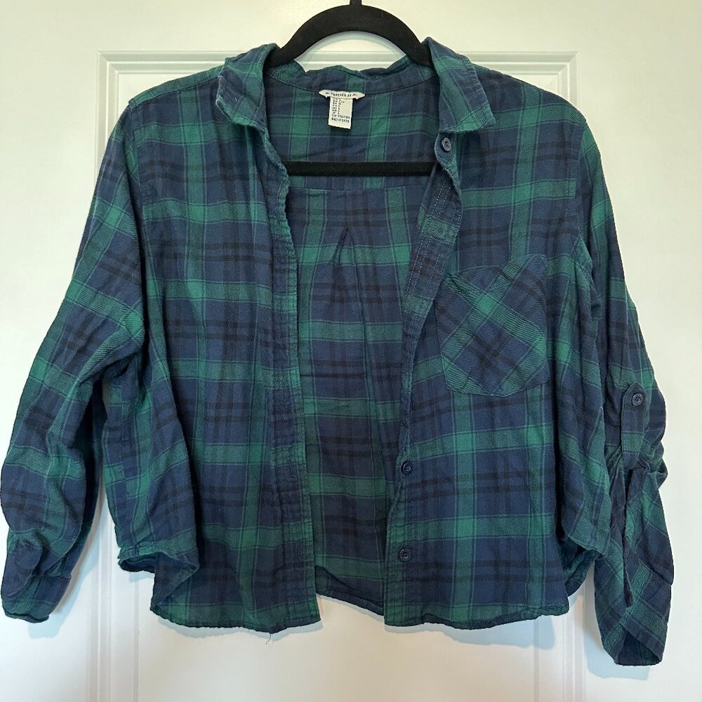Forever 21 Women's Green and Blue Plaid Cropped 3/4th Sleeve Shirt - Size Large